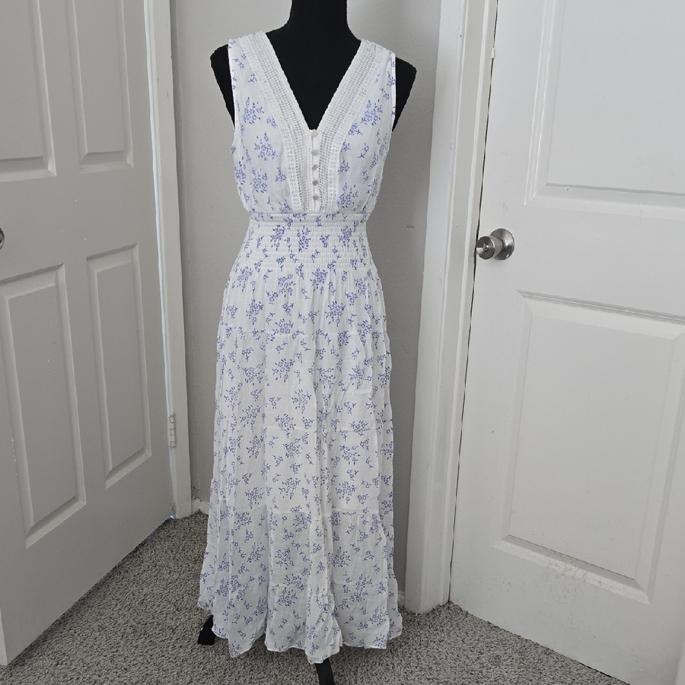Elegant White and Blue Floral Dress